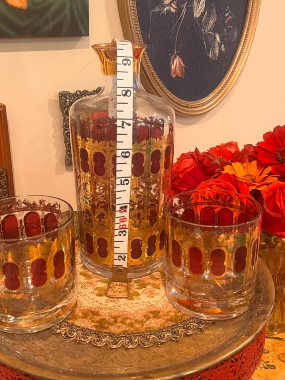 1960s Culver Cranberry Scroll 22K Gold Decanter & Lowball Glasses – 5 Piece Set